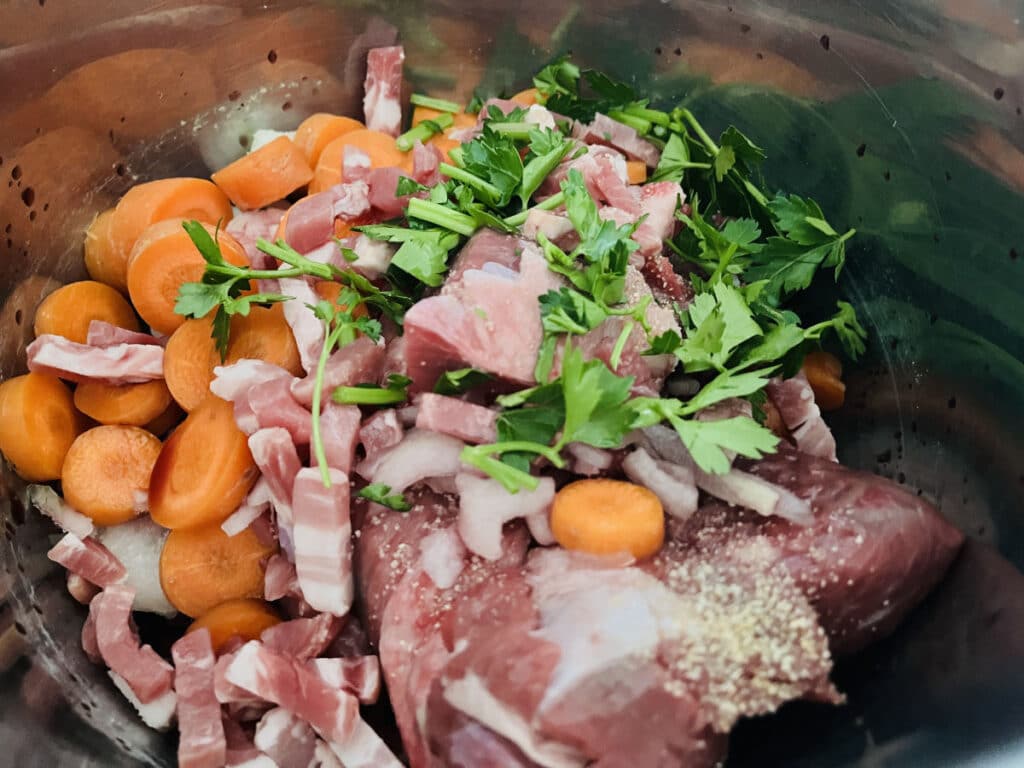 Beef bourguignon before cooking, sitting in the Instant pot