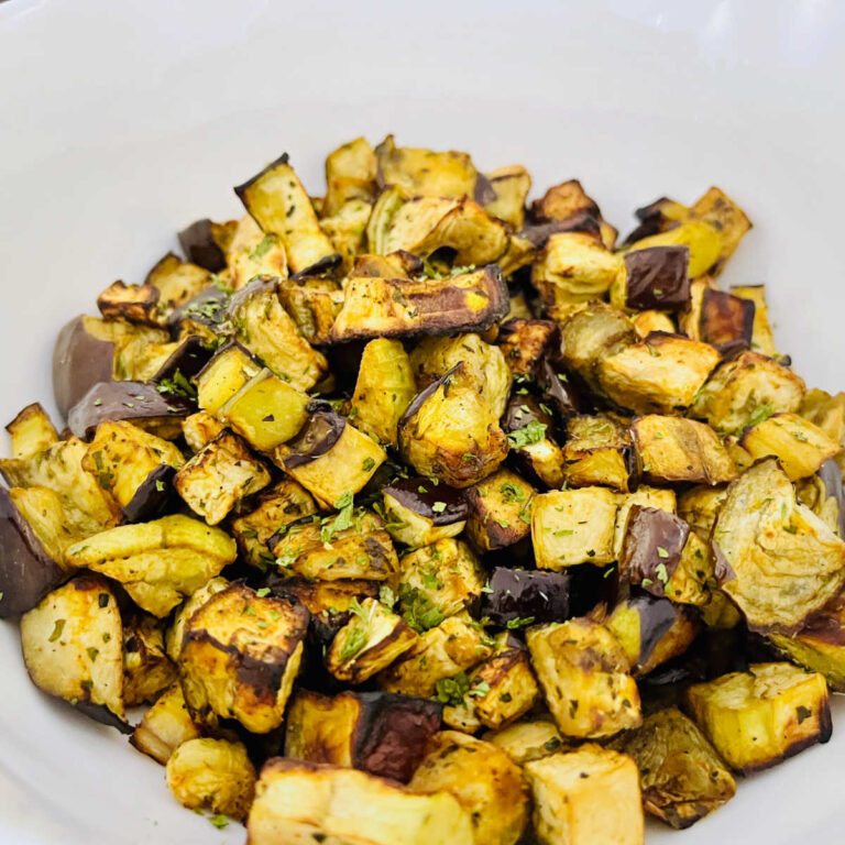 Air Fryer Eggplant cubes with garlic and parsley