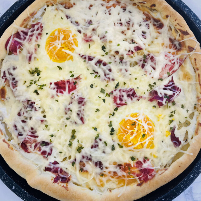 Ham and egg pizza