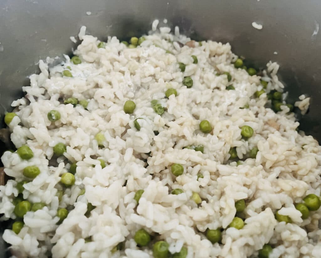 Pea risotto in the Instant pot before the cheese is added