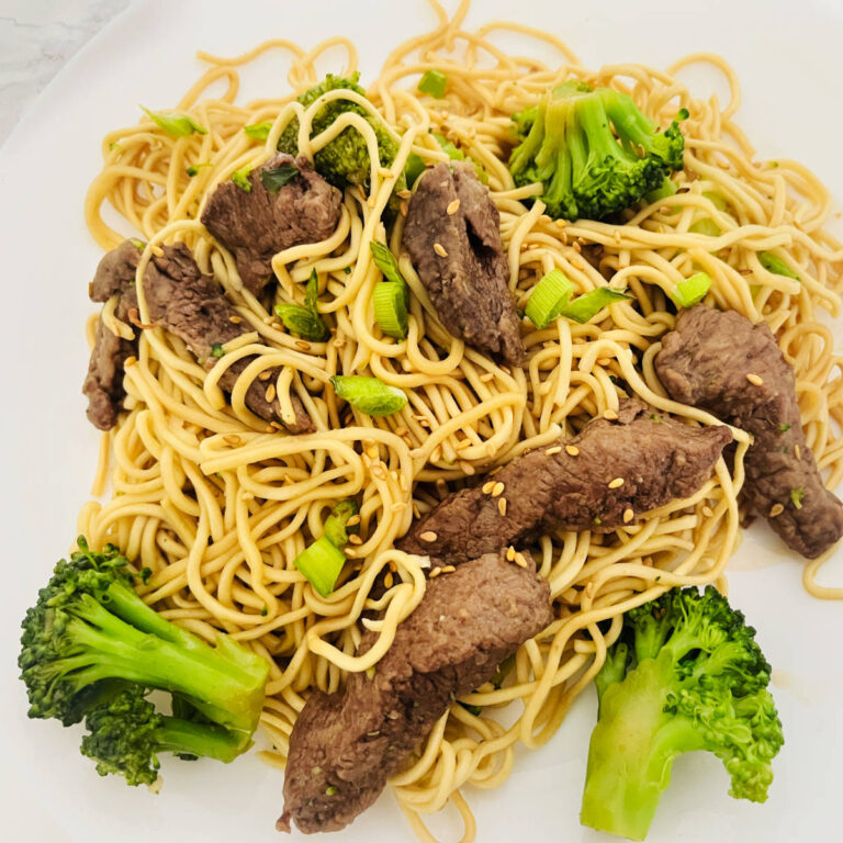 Mongolian beef stir fry noodles with broccoli