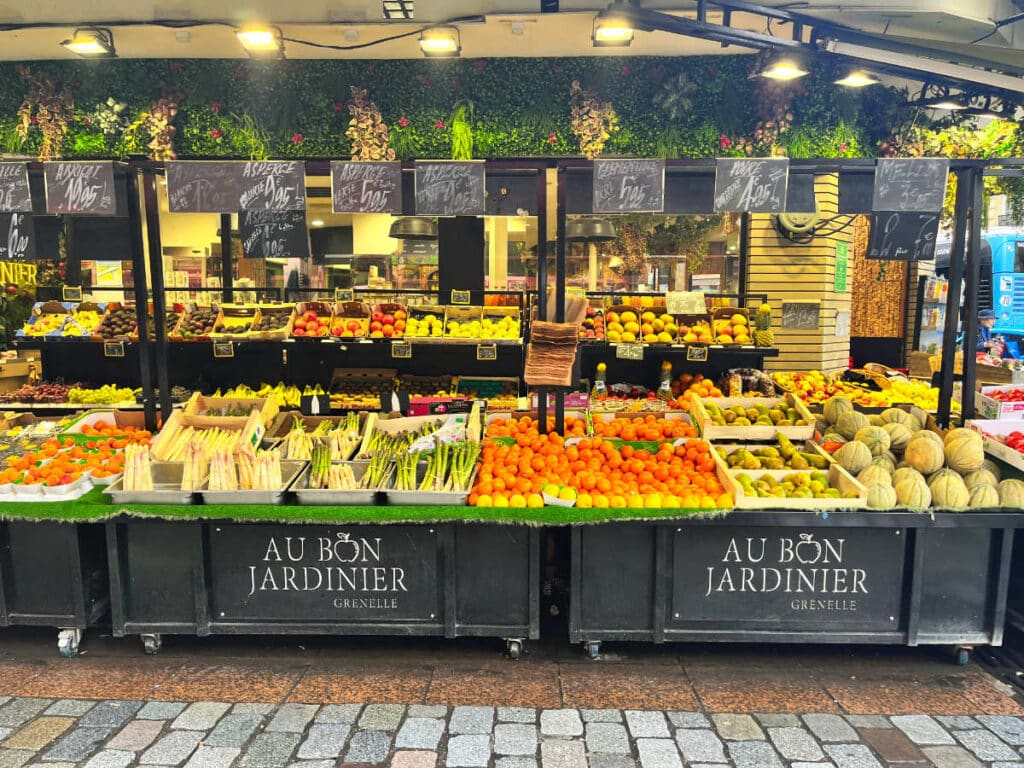 food market with fruits and vegetables in Paris